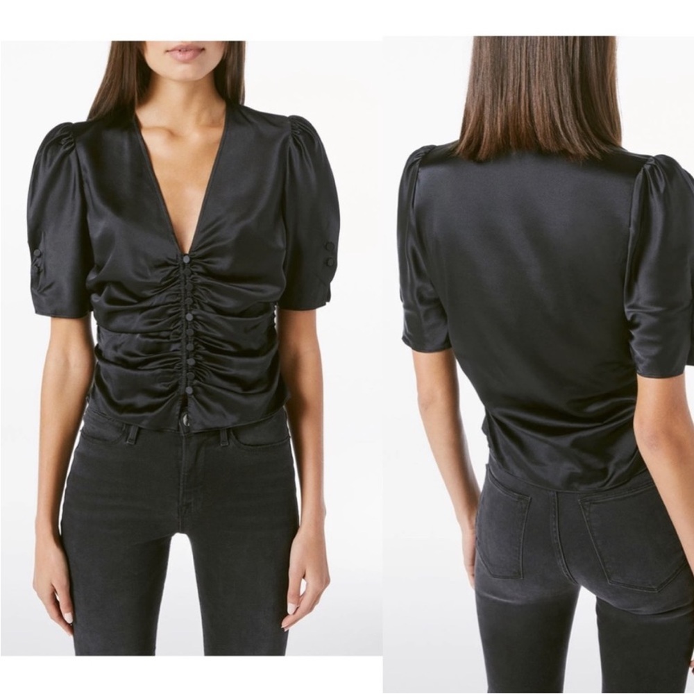 FRAME Camile Ruched‎ Stretch-Silk Satin Top Black XS